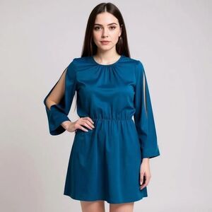 Blue Long Cut Out Sleeves Fit Flare Party Dress NEW